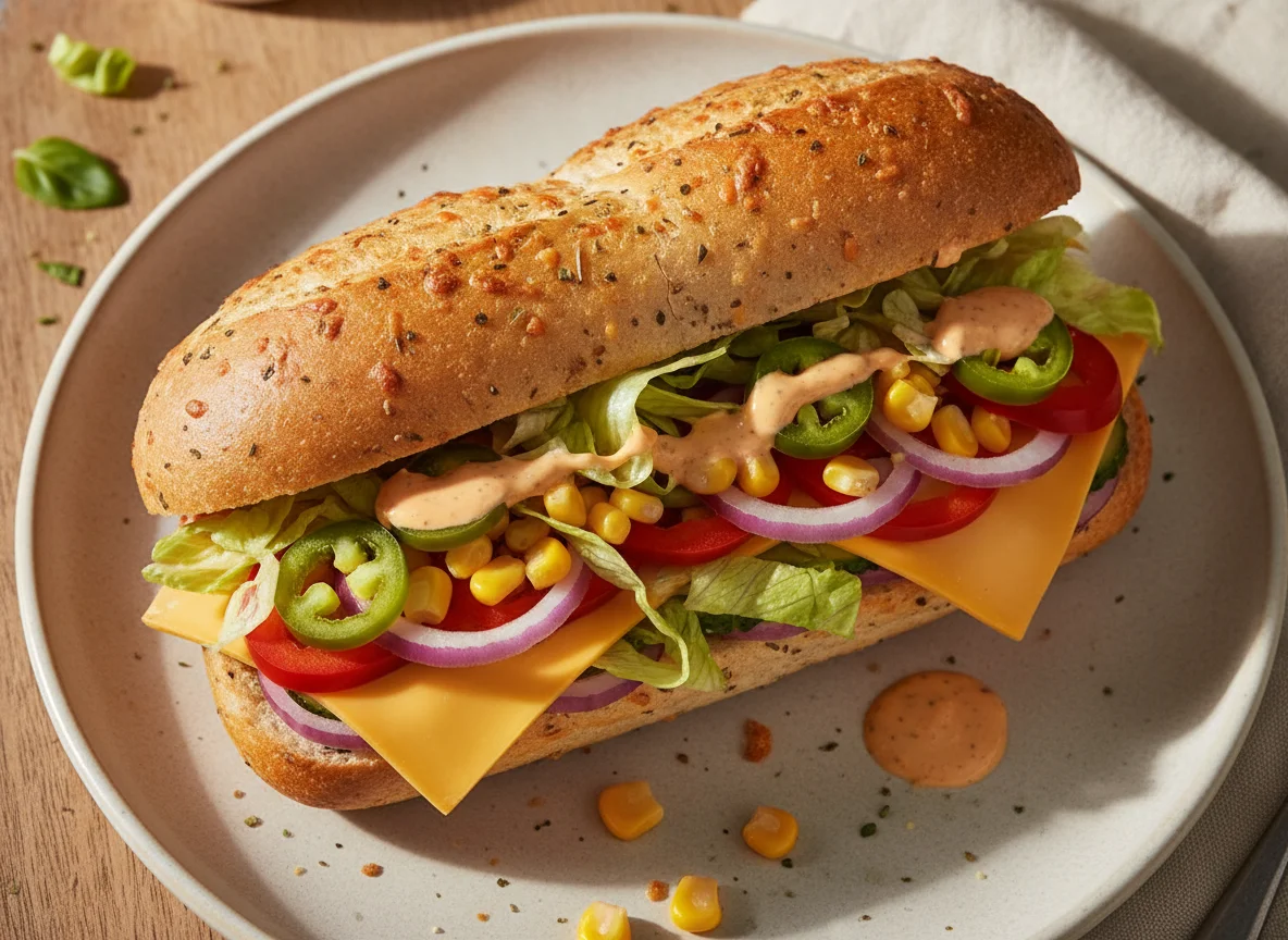 Subway style vegetable and cheese sandwich photo