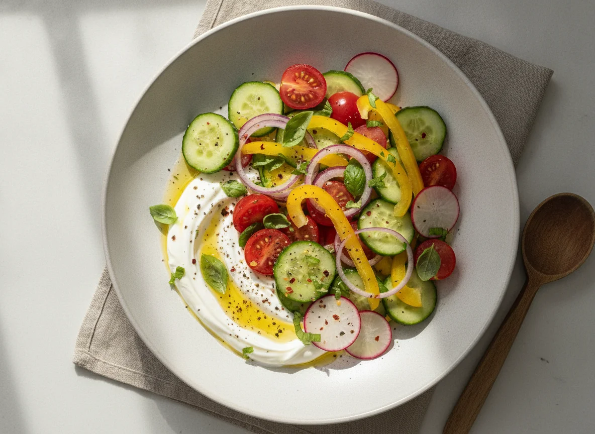 Summer vegetable salad with yogurt and spices photo