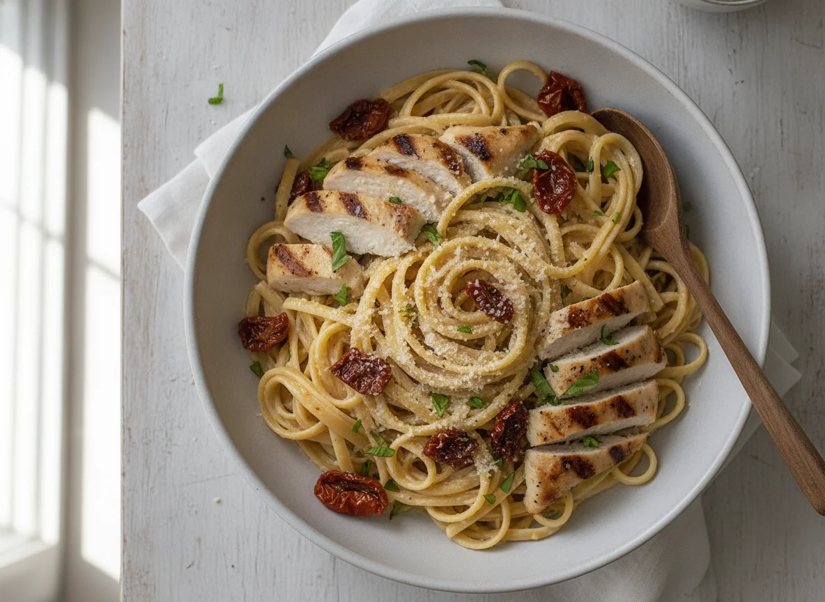 Sundried Tomato Chicken Linguine with High-Protein Alfredo Sauce photo