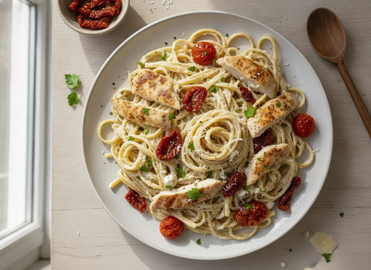 Sundried Tomato Chicken Pasta with High-Protein Alfredo Sauce photo
