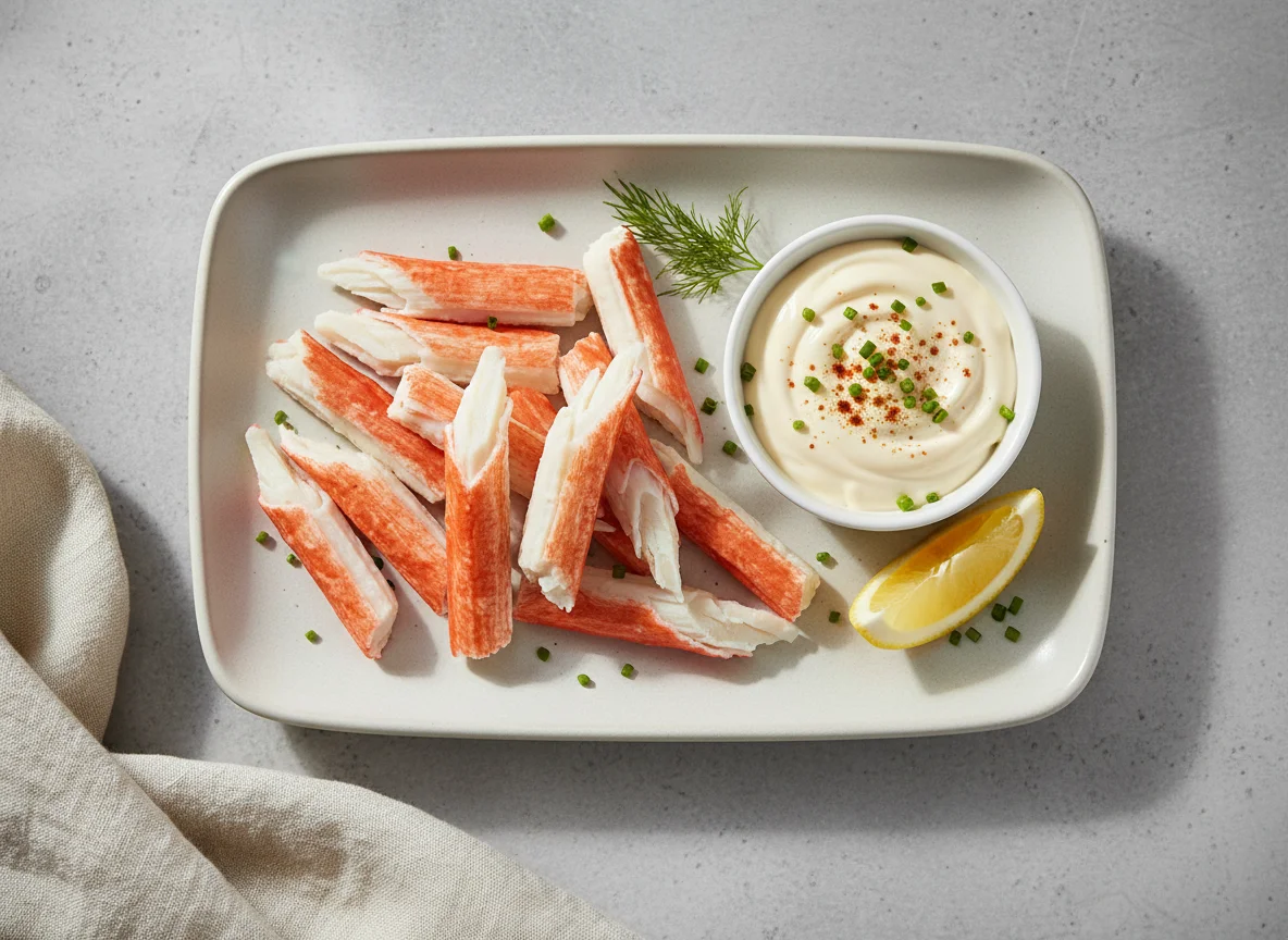 Surimi Snow Leg Style with Dipping Sauce and Lemon photo