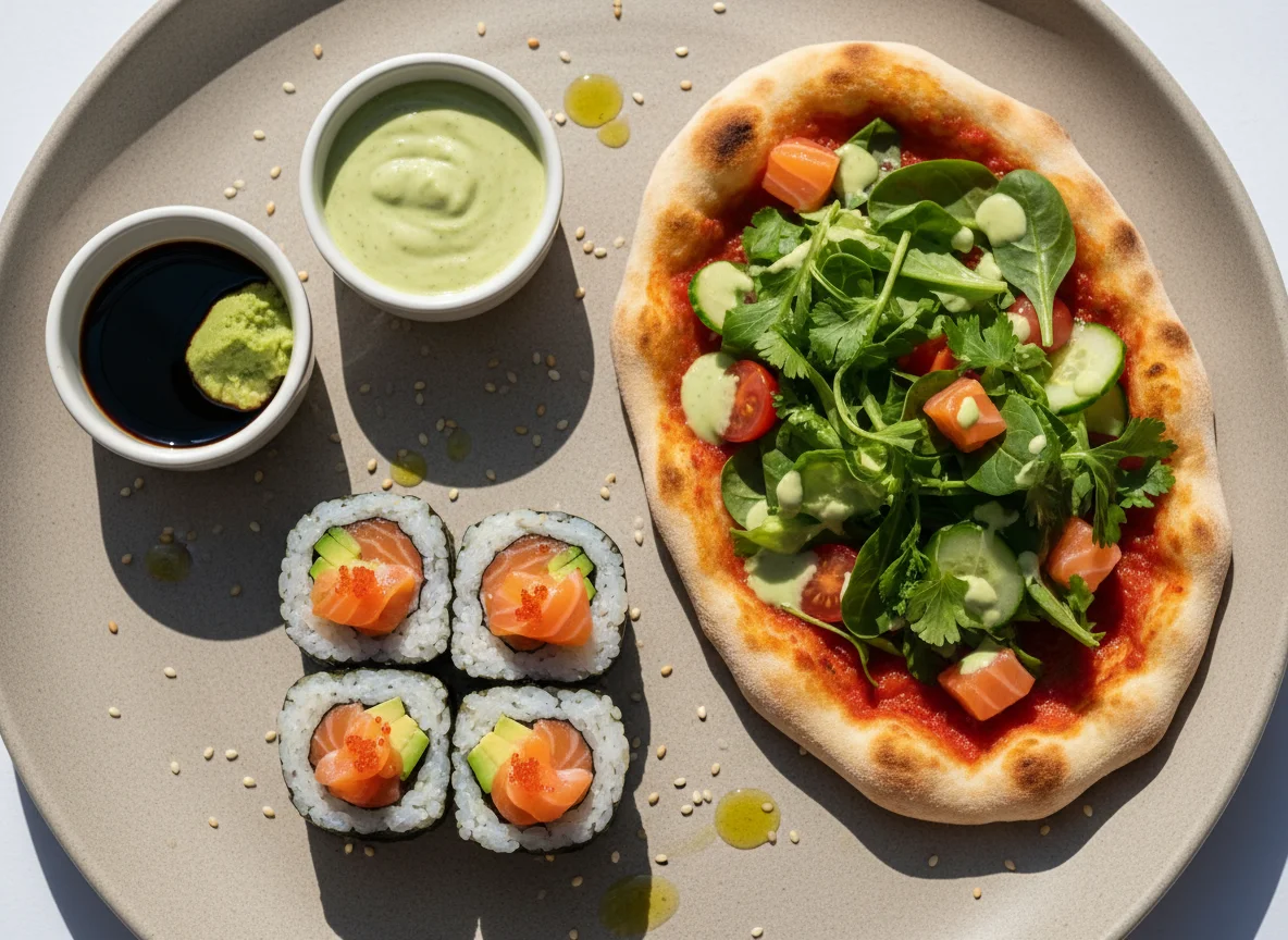 Sushi and Flatbread with Salad photo