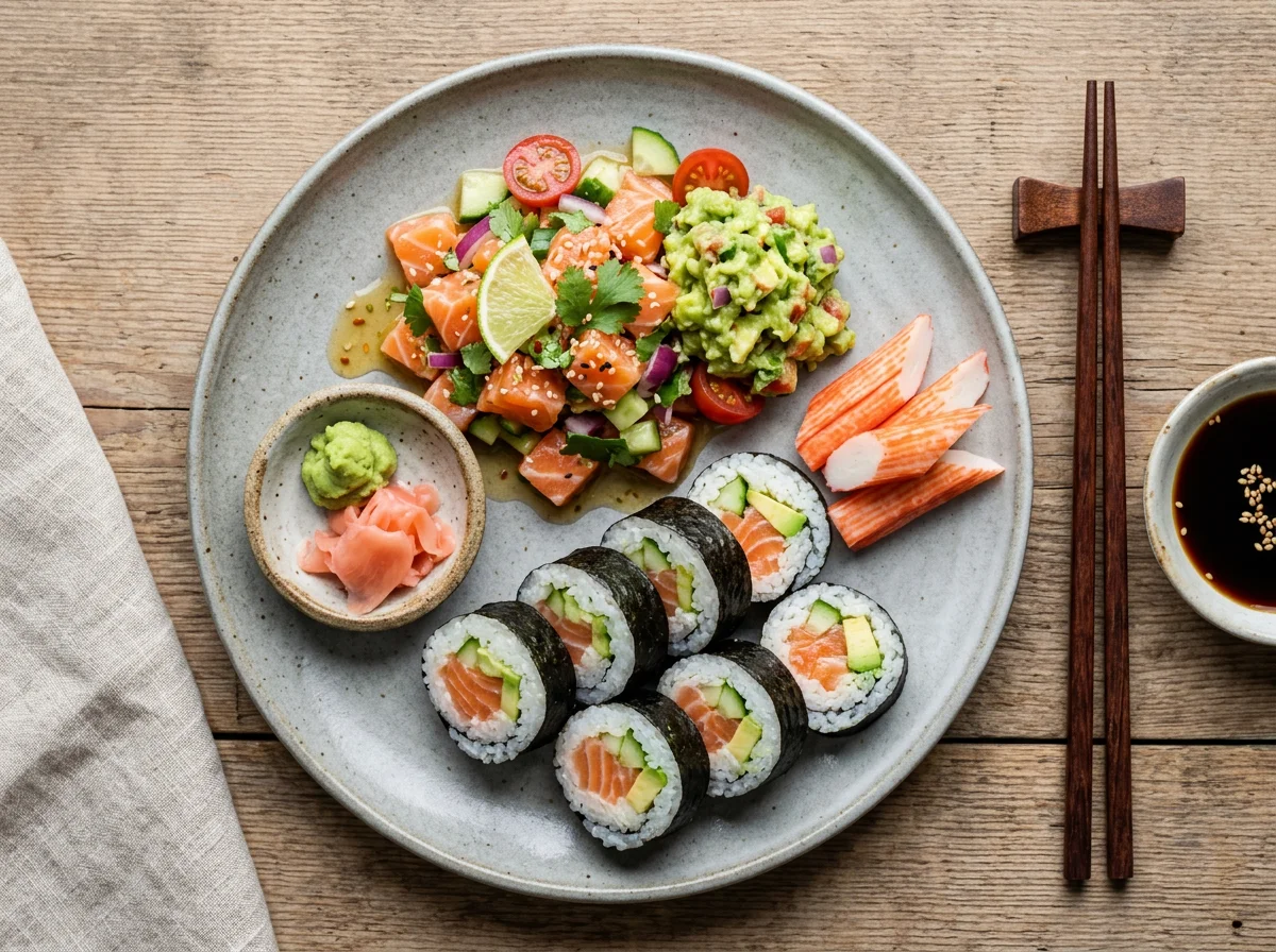 Sushi and Salmon Salad with Guacamole photo
