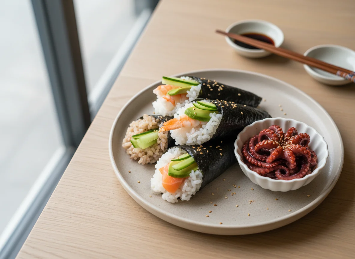 Sushi Hand Rolls and Seasoned Octopus photo