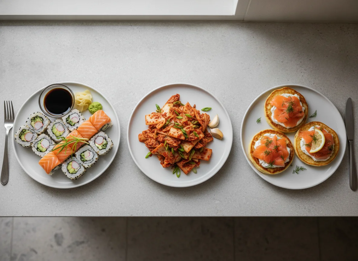 Sushi Maki, Kimchi and Salmon Blinis photo