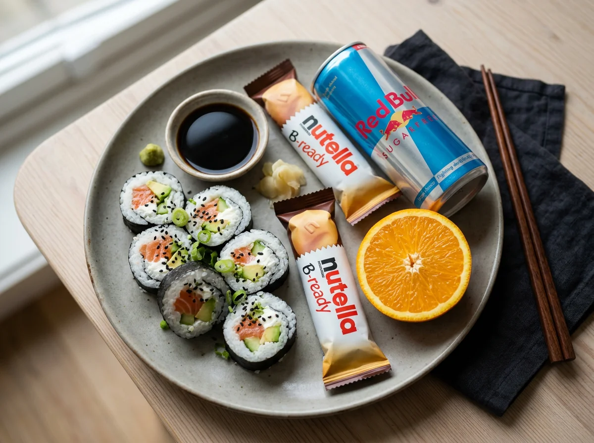 Sushi meal with snacks and drinks photo