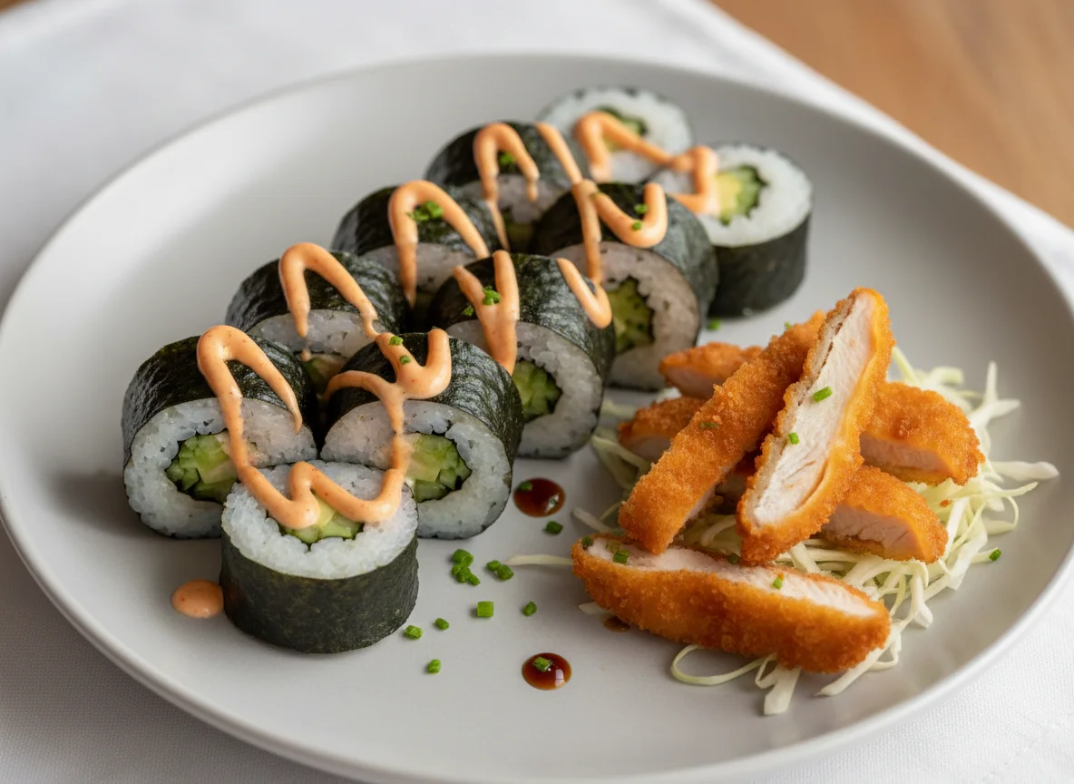 Sushi Rolls with Sauce and Fried Item photo