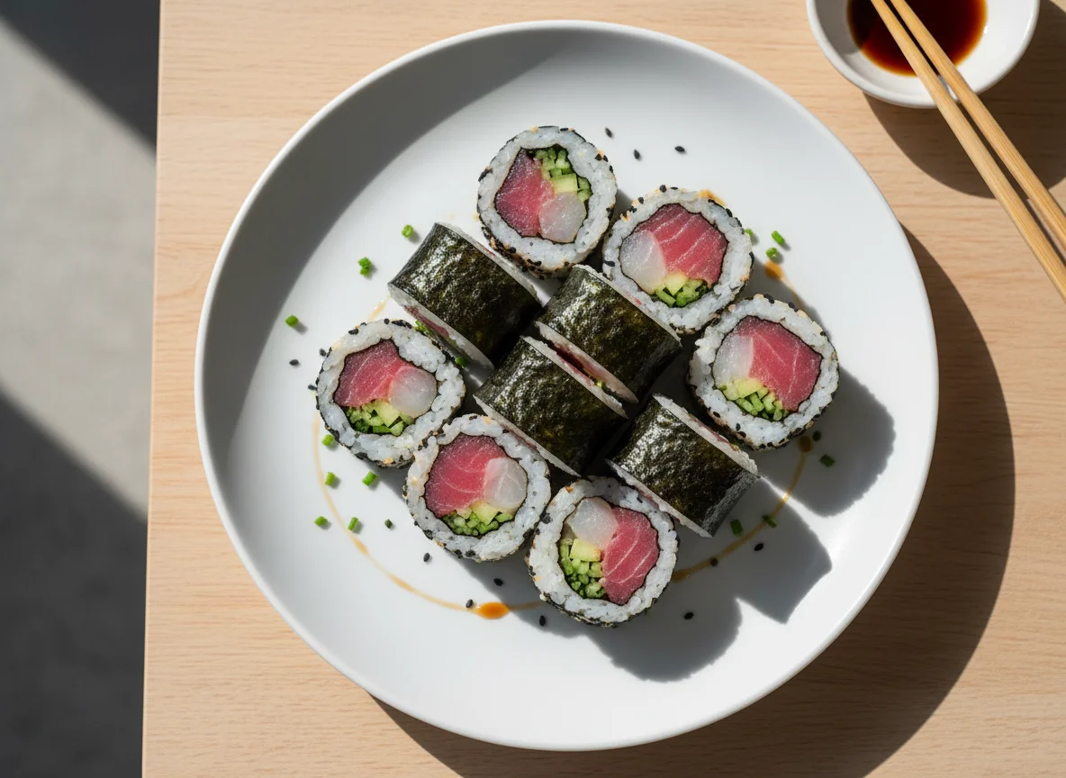 Sushi Rolls with Tuna, White Fish, and Cucumber photo