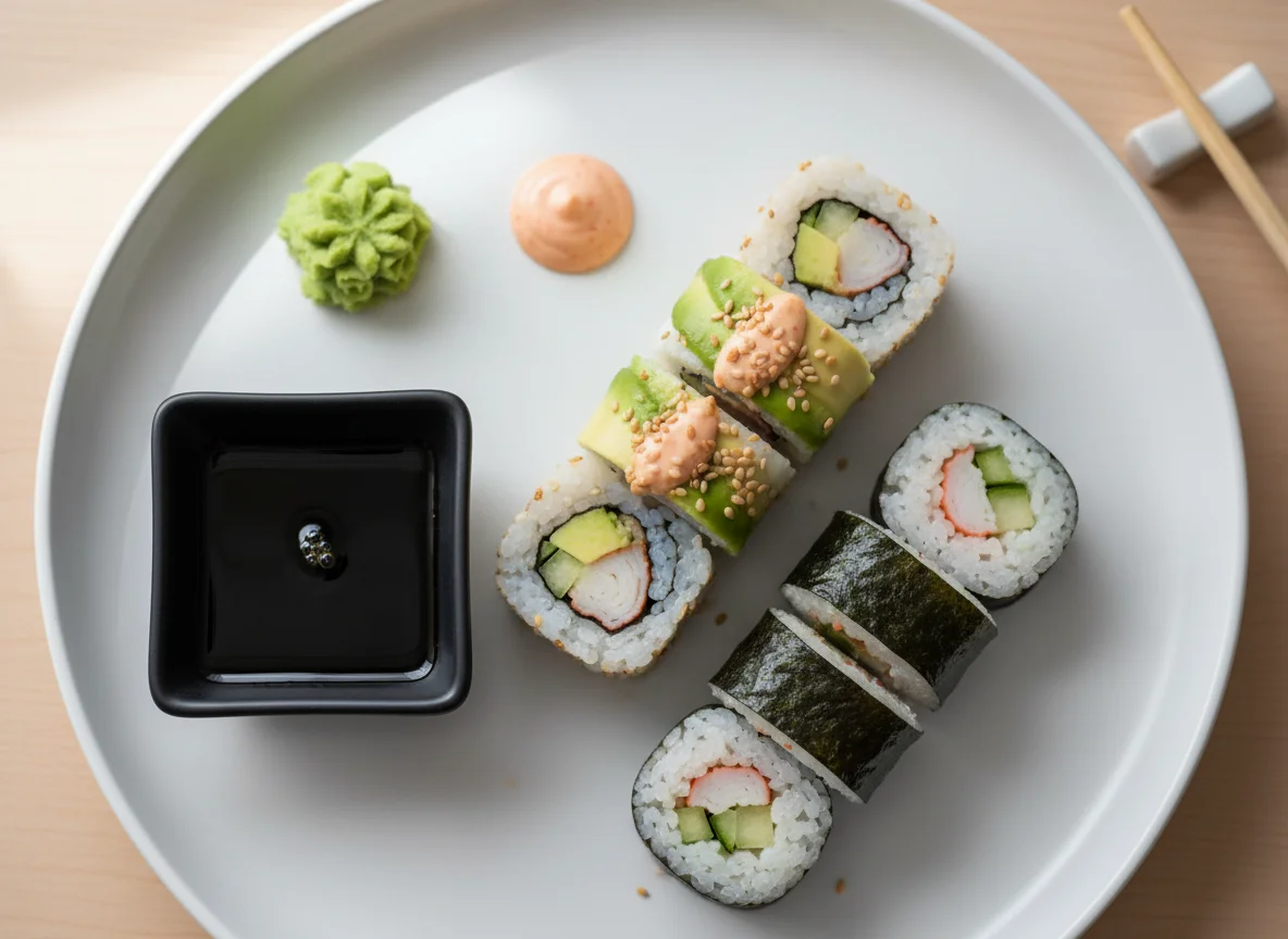 Sushi Rolls with Wasabi and Soy Sauce photo