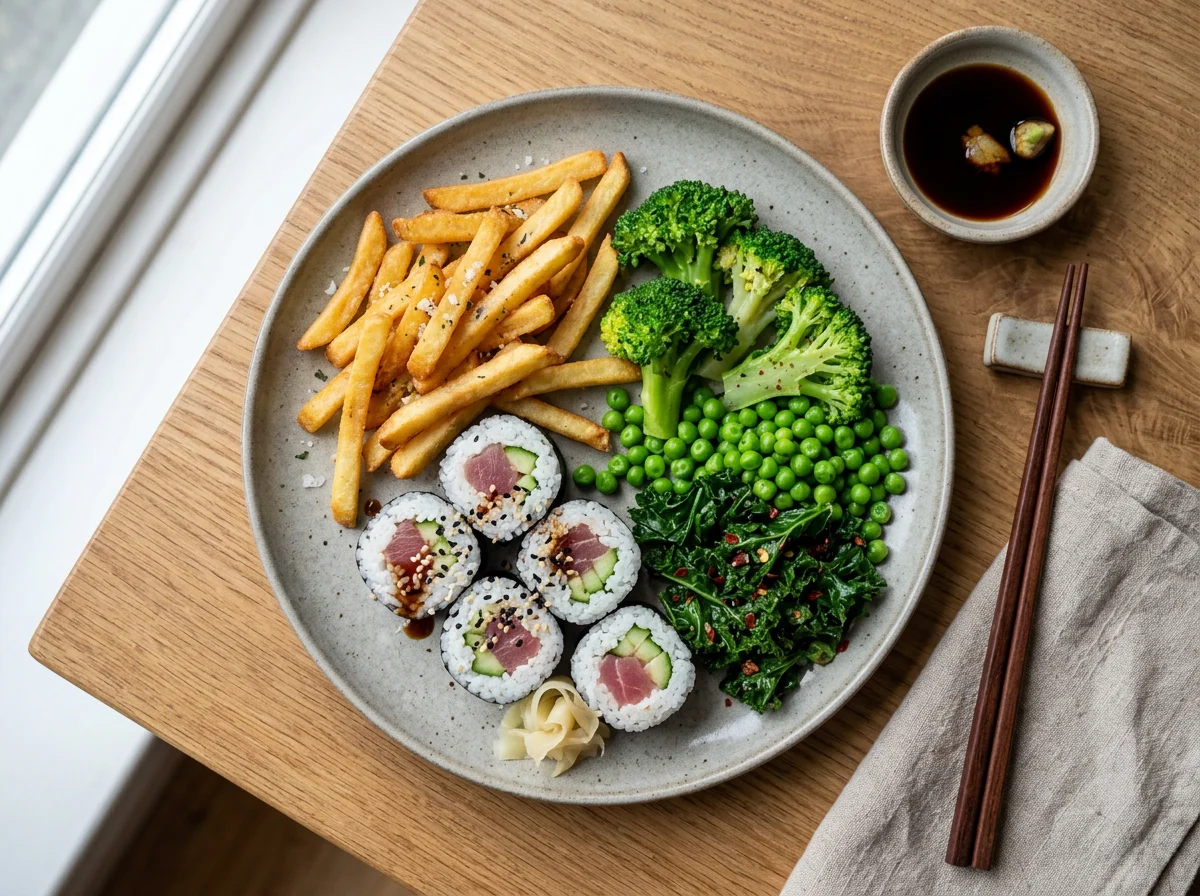 Sushi with chips and green vegetables photo