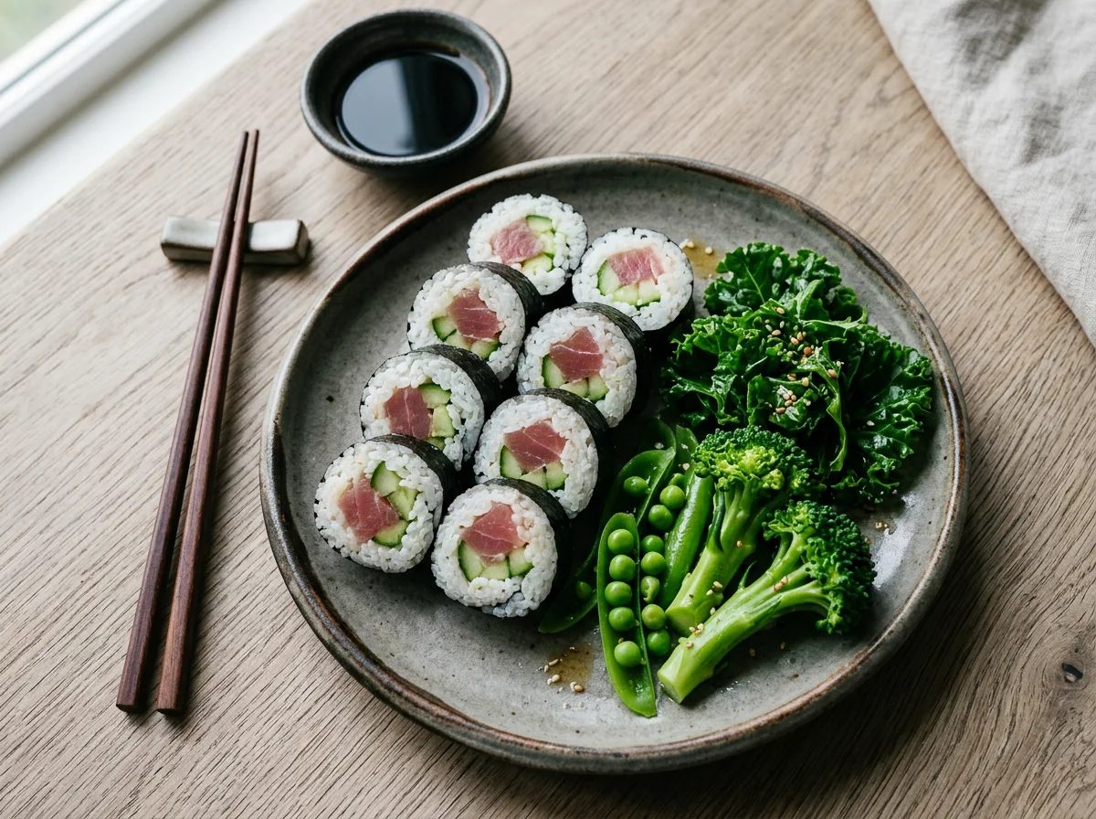 Sushi with steamed green vegetables photo