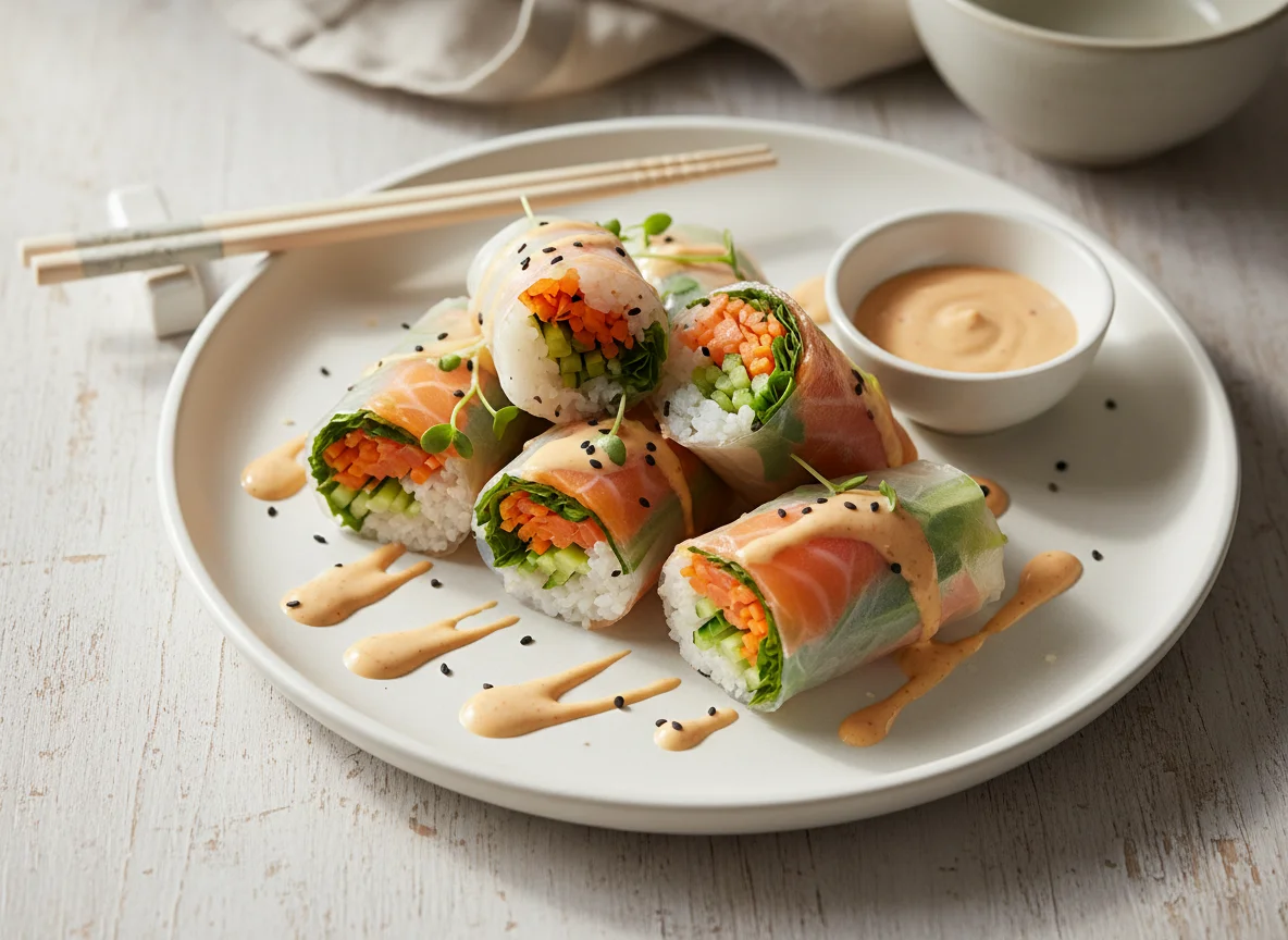 Sushi-style rice paper rolls with sauce photo