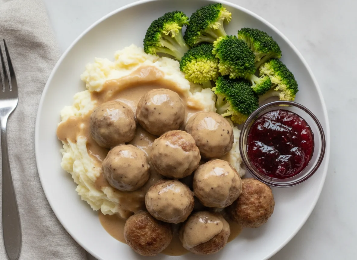 Swedish Meatballs with Mashed Potatoes and Broccoli photo