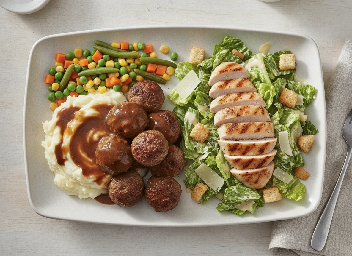 Swedish Meatballs with Mashed Potatoes and Chicken Caesar Salad photo