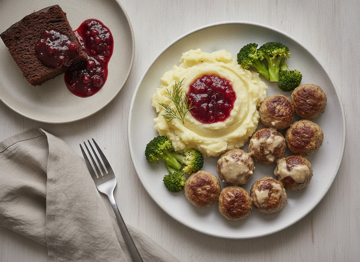 Swedish Meatballs with Mashed Potatoes and Chocolate Cake photo