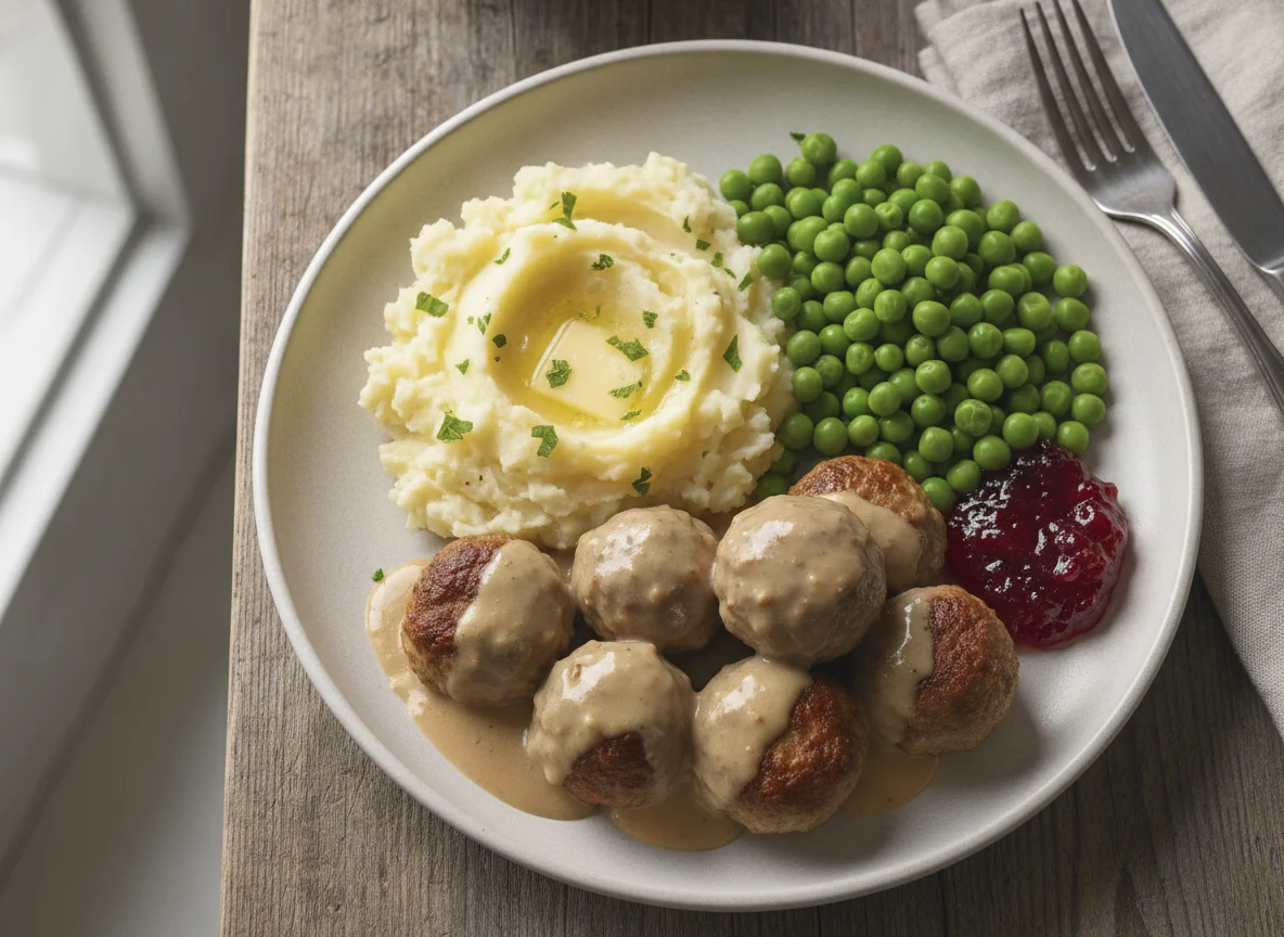 Swedish Meatballs with Mashed Potatoes and Peas photo