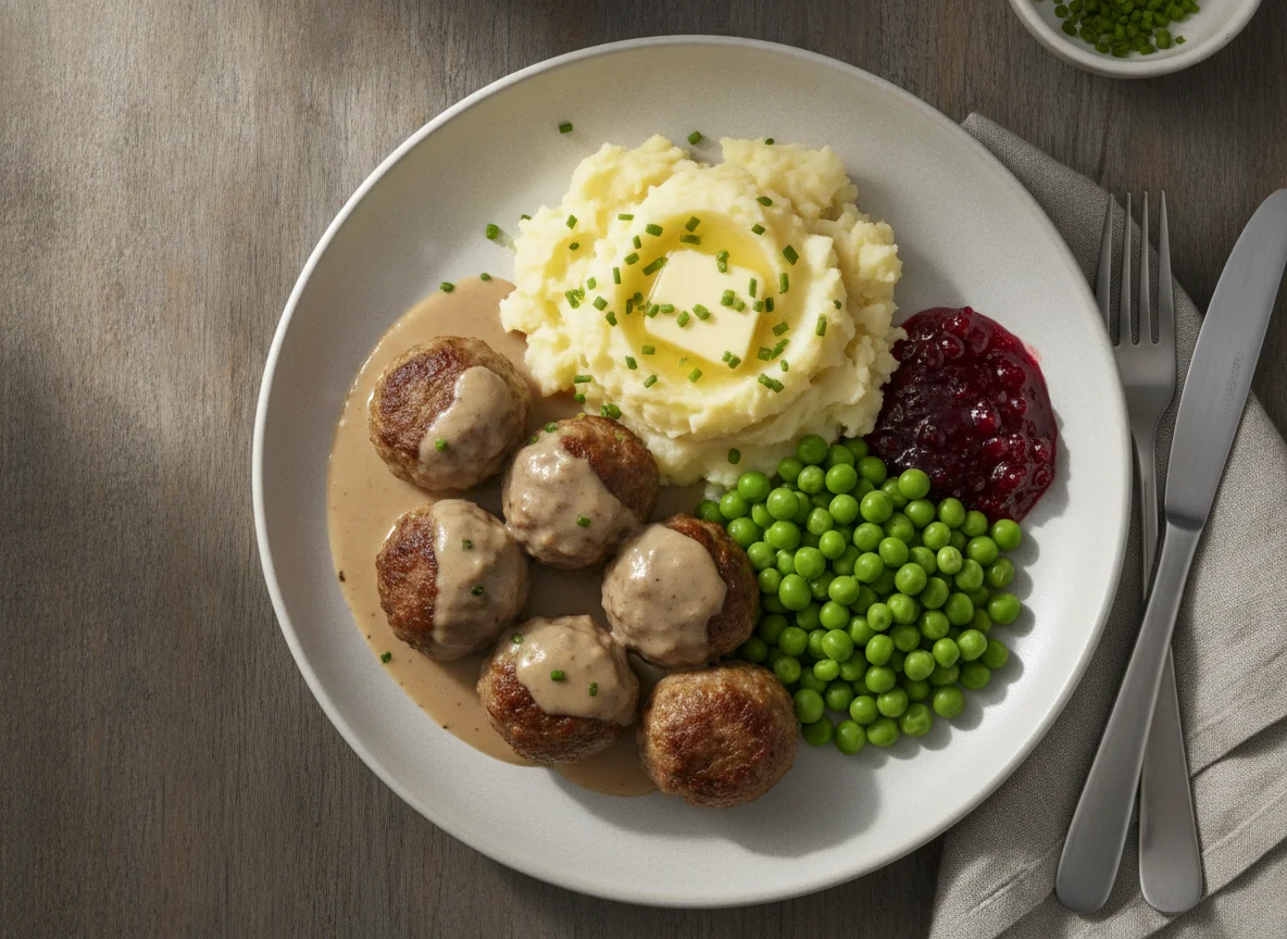 Swedish Meatballs with Mashed Potatoes, Peas, and Lingonberry Jam photo