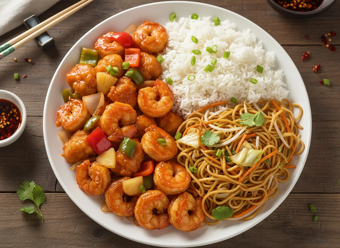 Sweet and Sour Chicken and Shrimp with Noodles and Rice photo