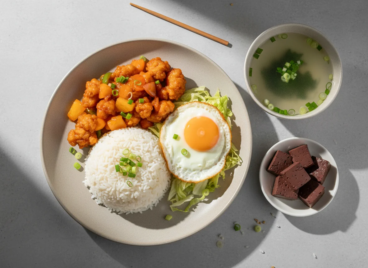 Sweet and Sour Chicken Rice with Fried Egg and Soup photo