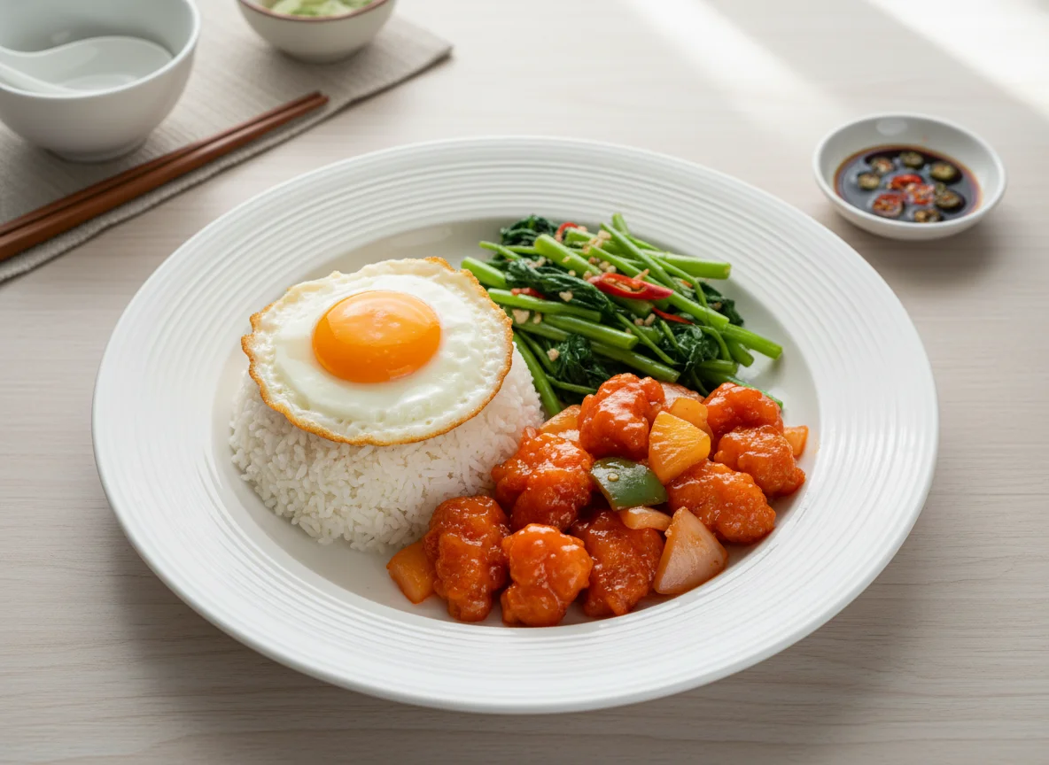 Sweet and Sour Chicken Rice with Fried Egg and Stir-fried Kangkung photo