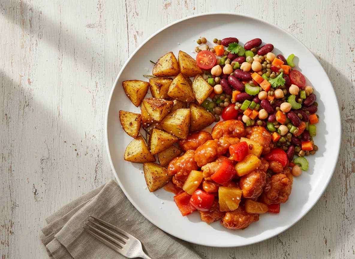 Sweet and Sour Chicken with Bean Salad and Roasted Potatoes photo