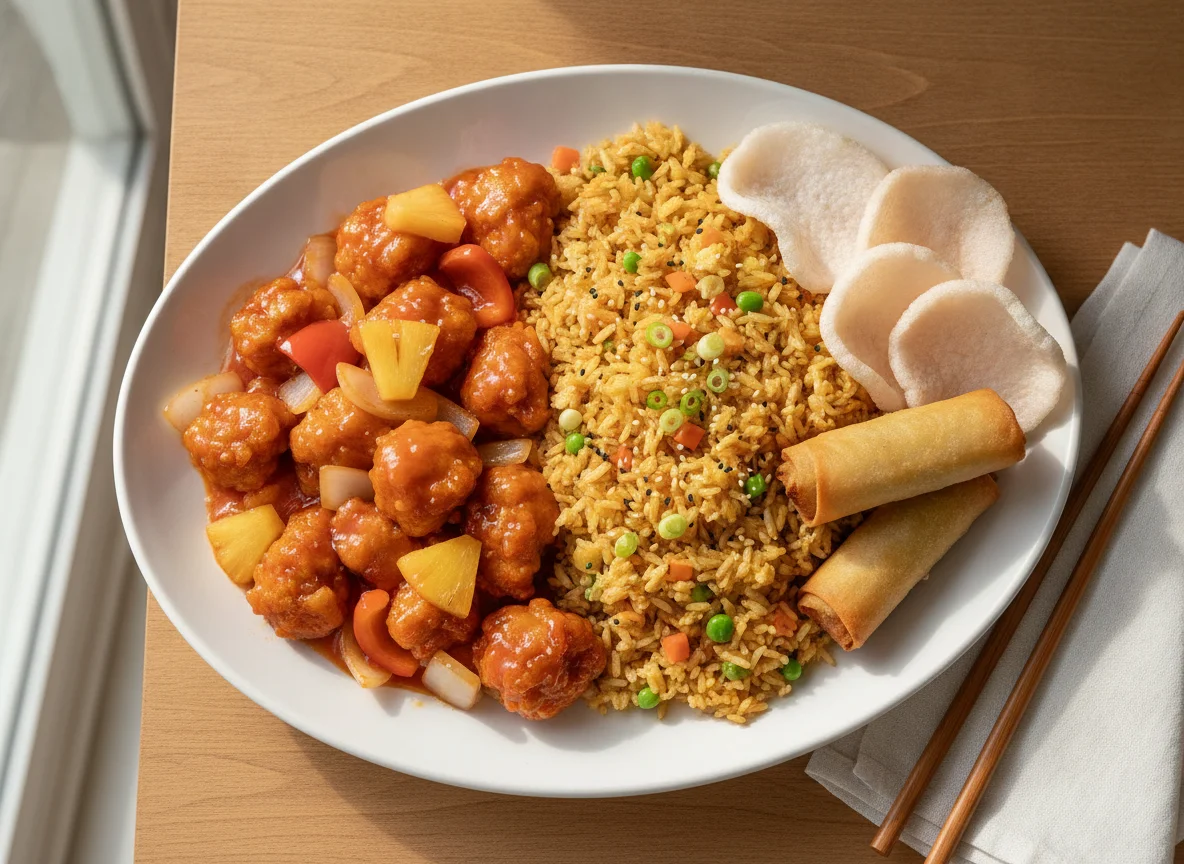Sweet and Sour Chicken with Egg Fried Rice and Prawn Crackers photo