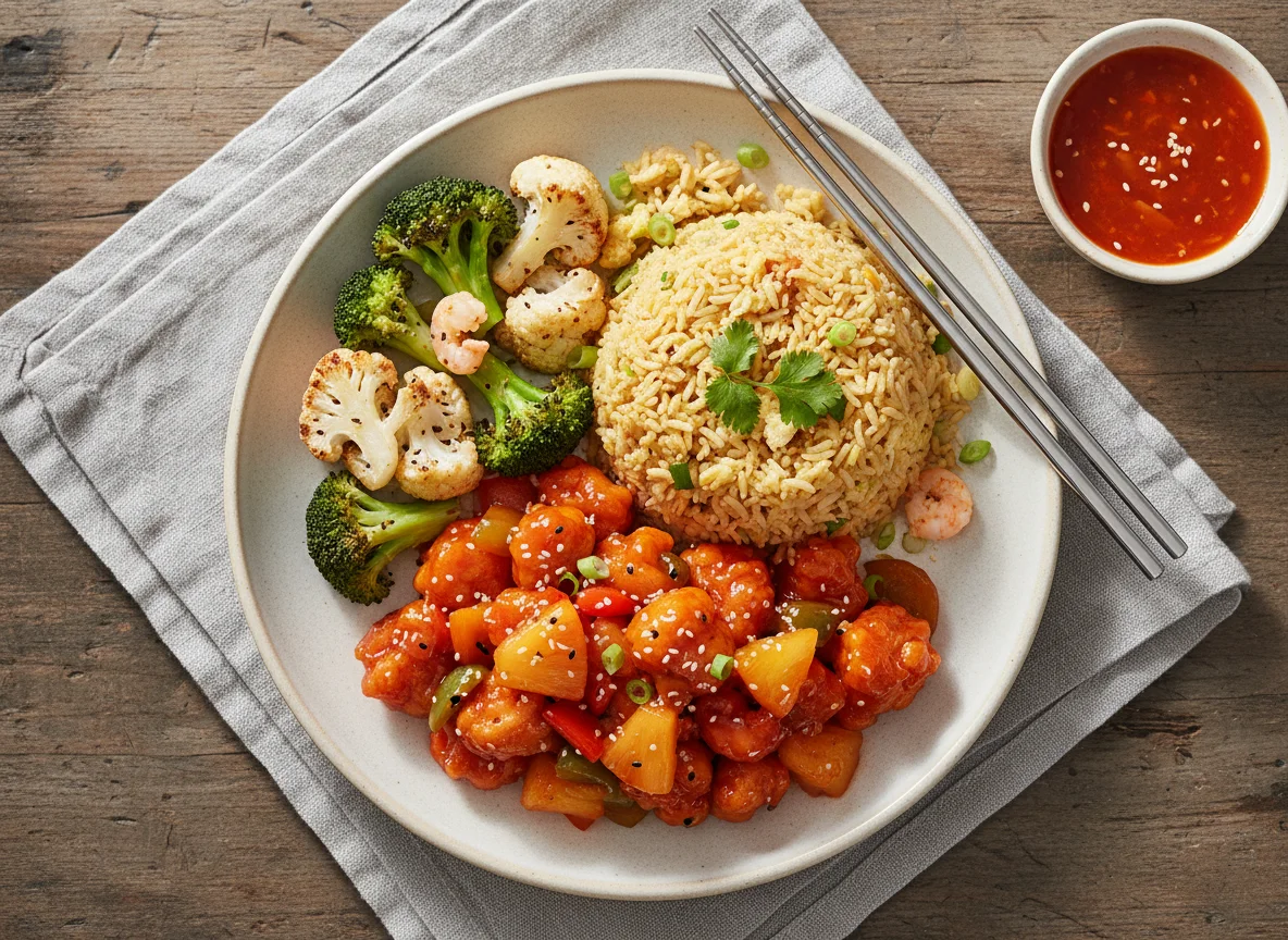 Sweet and Sour Chicken with Fried Rice and Vegetables photo