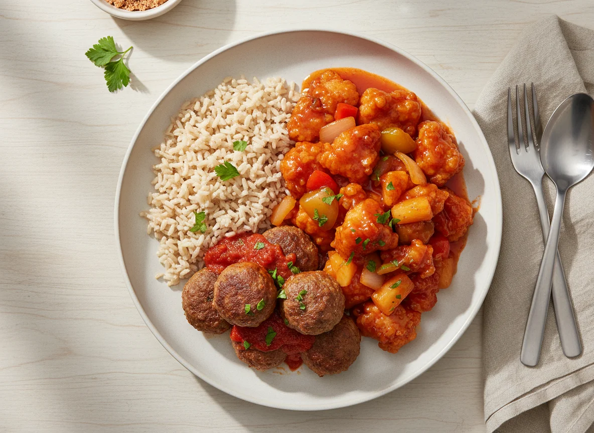 Sweet and Sour Chicken with Meatballs and Brown Rice photo
