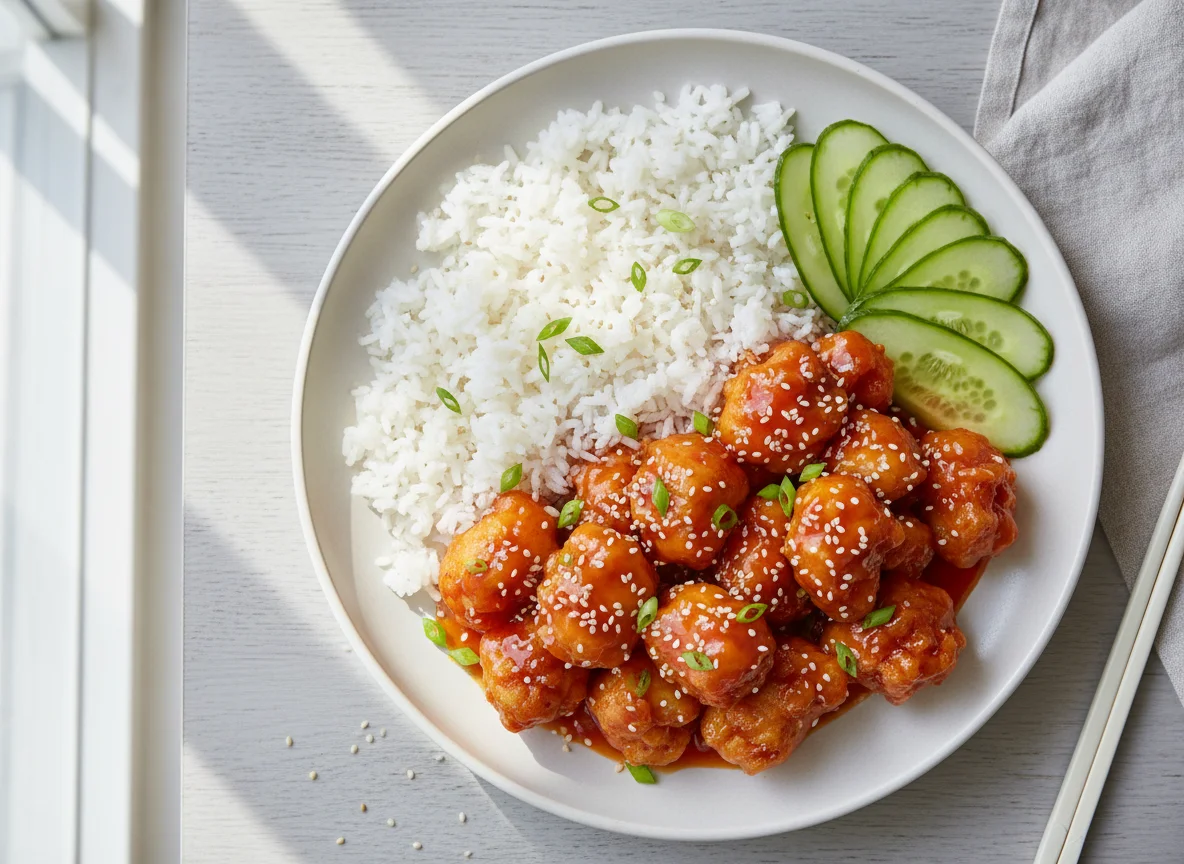 Sweet and Sour Chicken with Rice and Cucumber photo