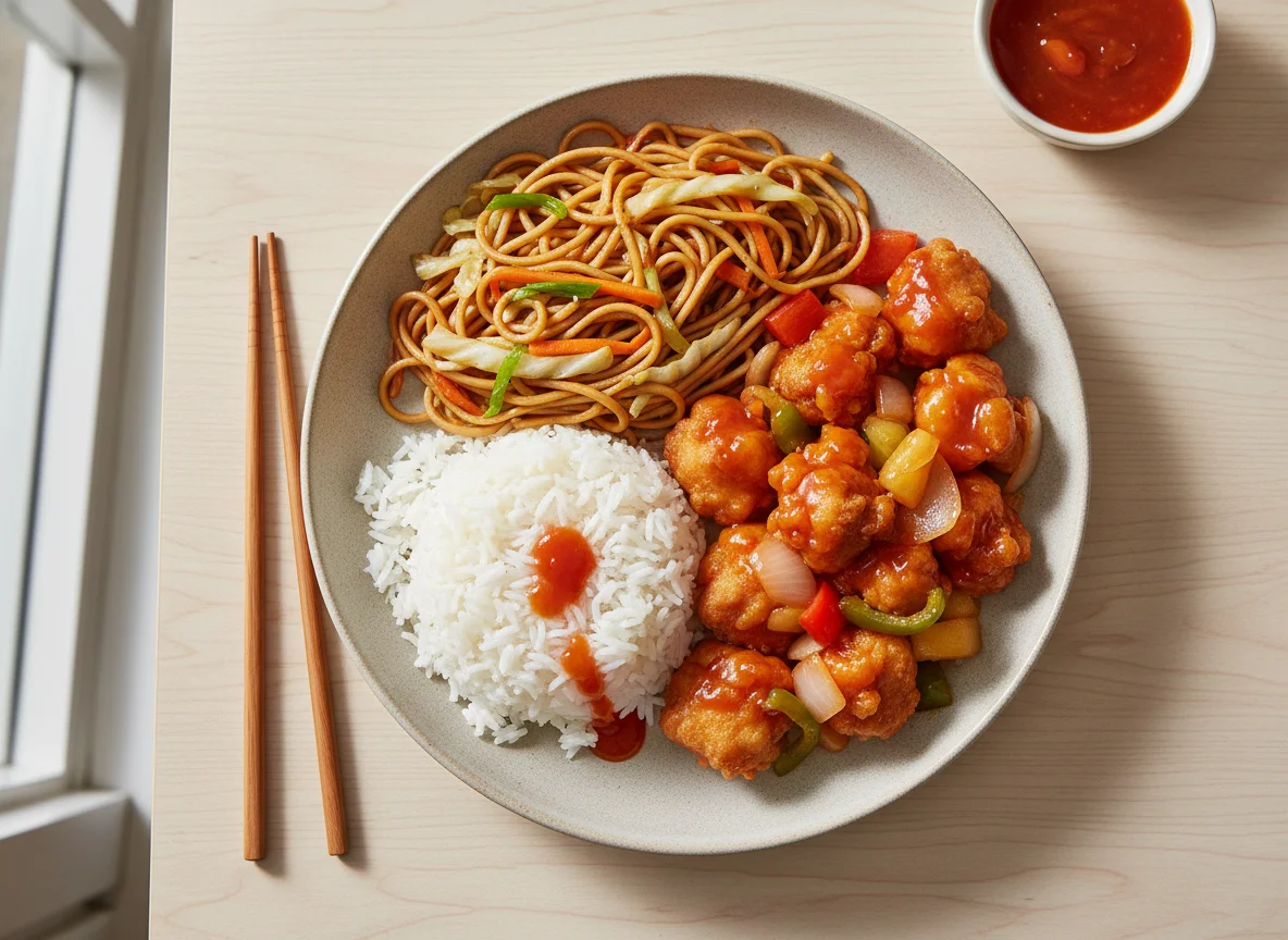 Sweet and Sour Chicken with Rice and Noodles photo