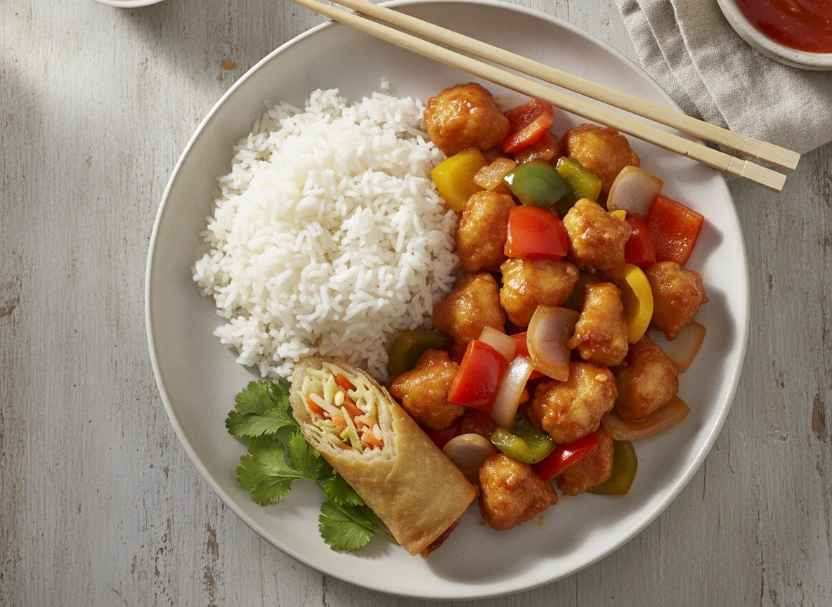 Sweet and Sour Chicken with Rice and Spring Roll photo