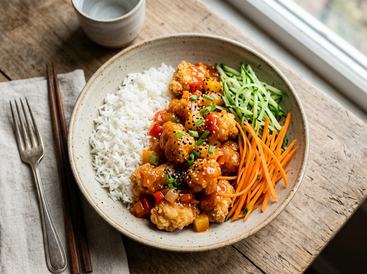 Sweet and Sour Chicken with Rice and Vegetables photo