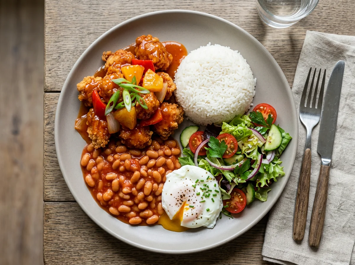 Sweet and Sour Chicken with Rice, Beans, Egg and Salad photo
