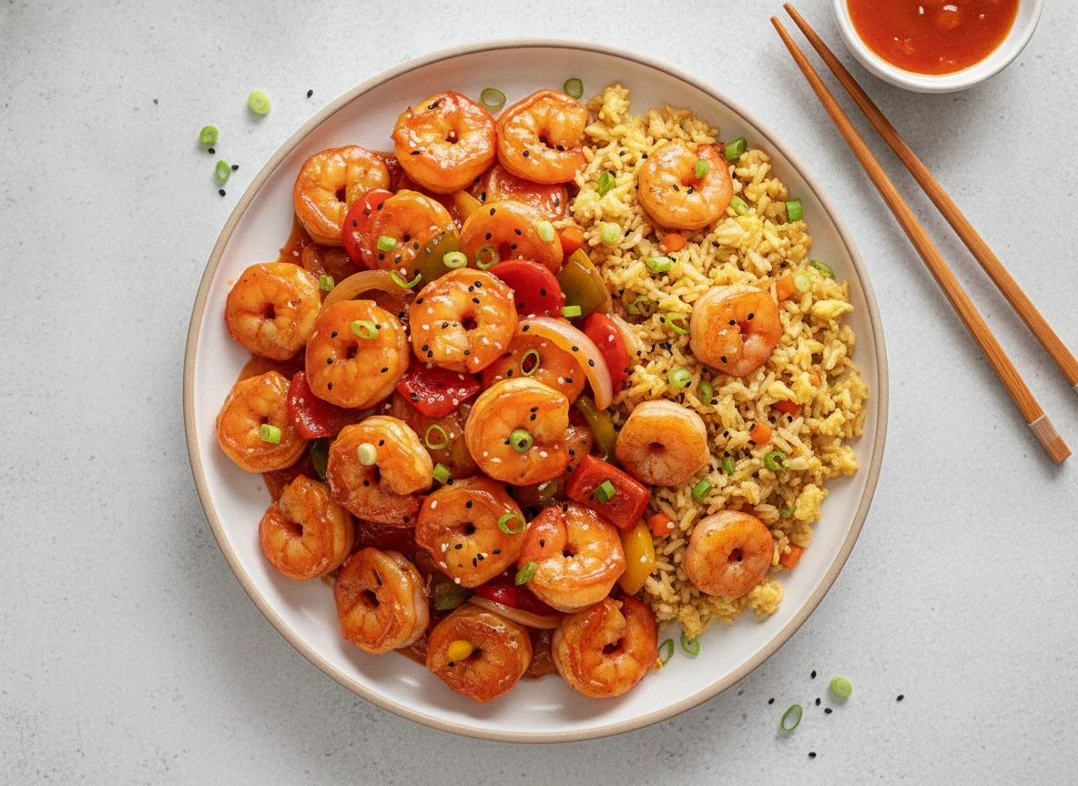 Sweet and Sour King Prawns with Egg Fried Rice photo