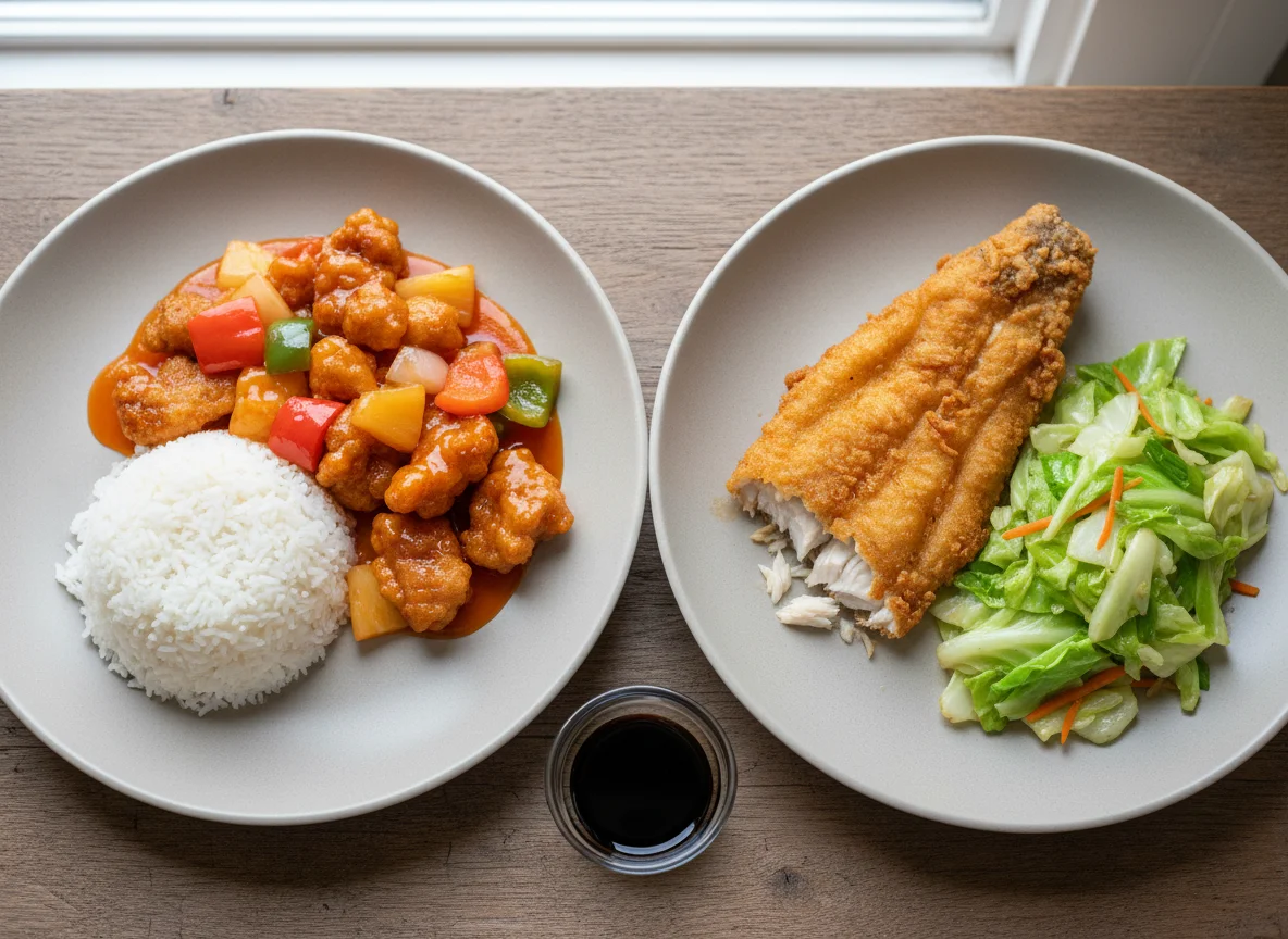 Sweet and Sour Pork and Fried Fish with Cabbage and Rice photo