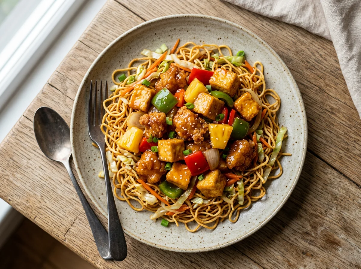 Sweet and Sour Pork with Noodles and Tofu photo