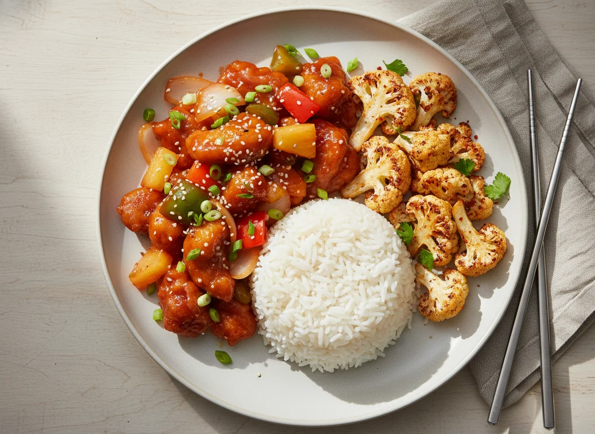 Sweet and Sour Pork with Rice and Roasted Cauliflower photo