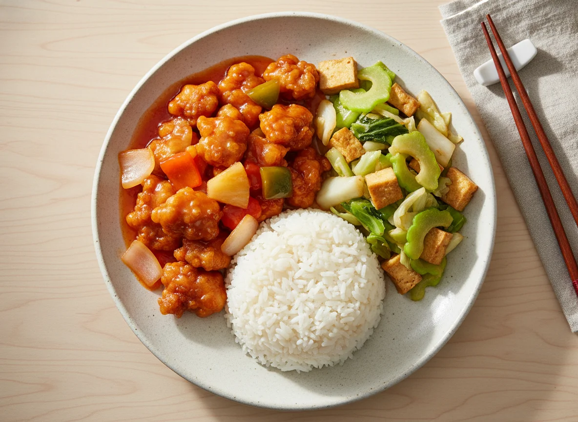Sweet and Sour Pork with Stir-fried Vegetables and Rice photo