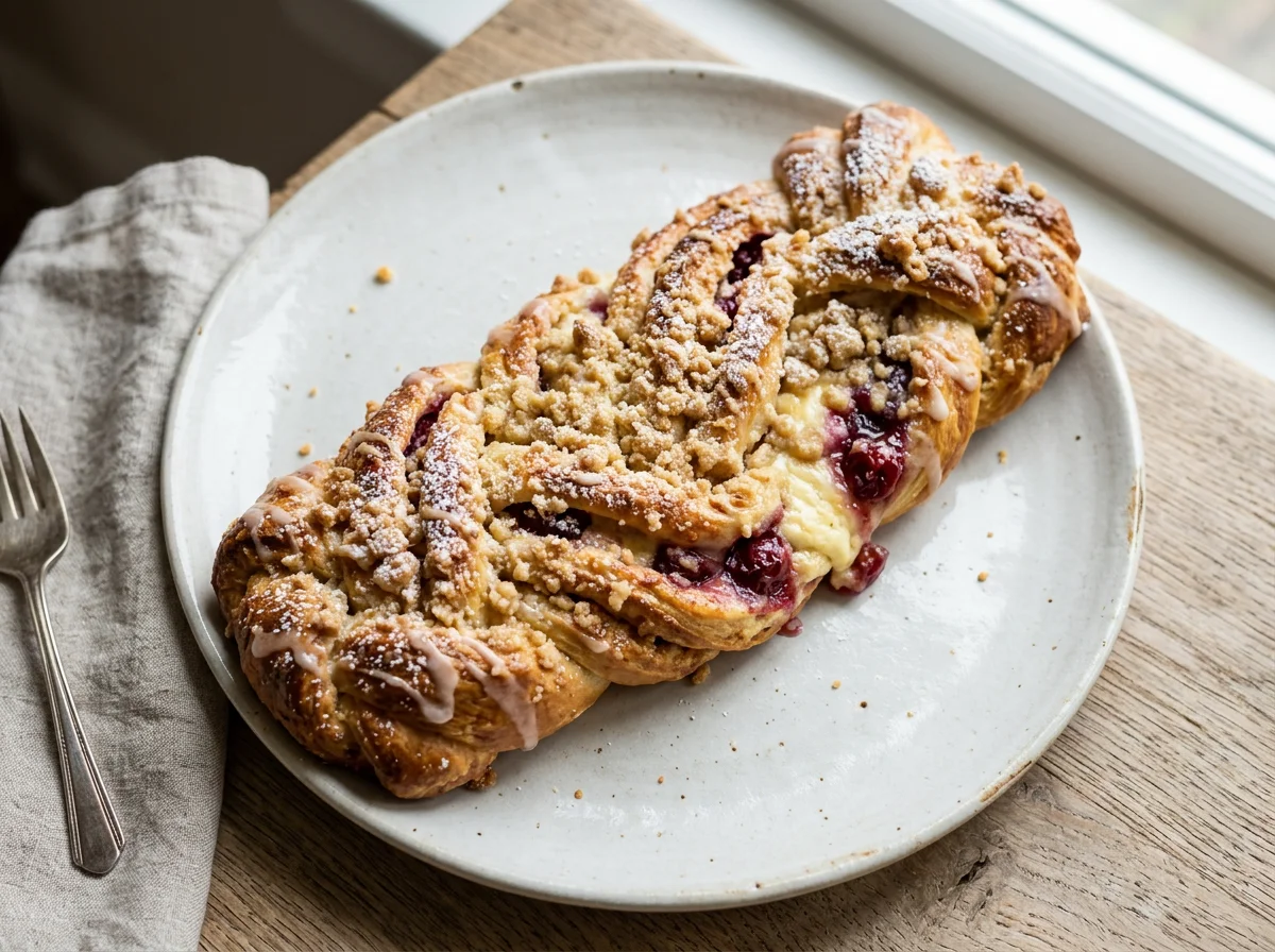 Sweet braided pastry with cheese and fruit filling photo