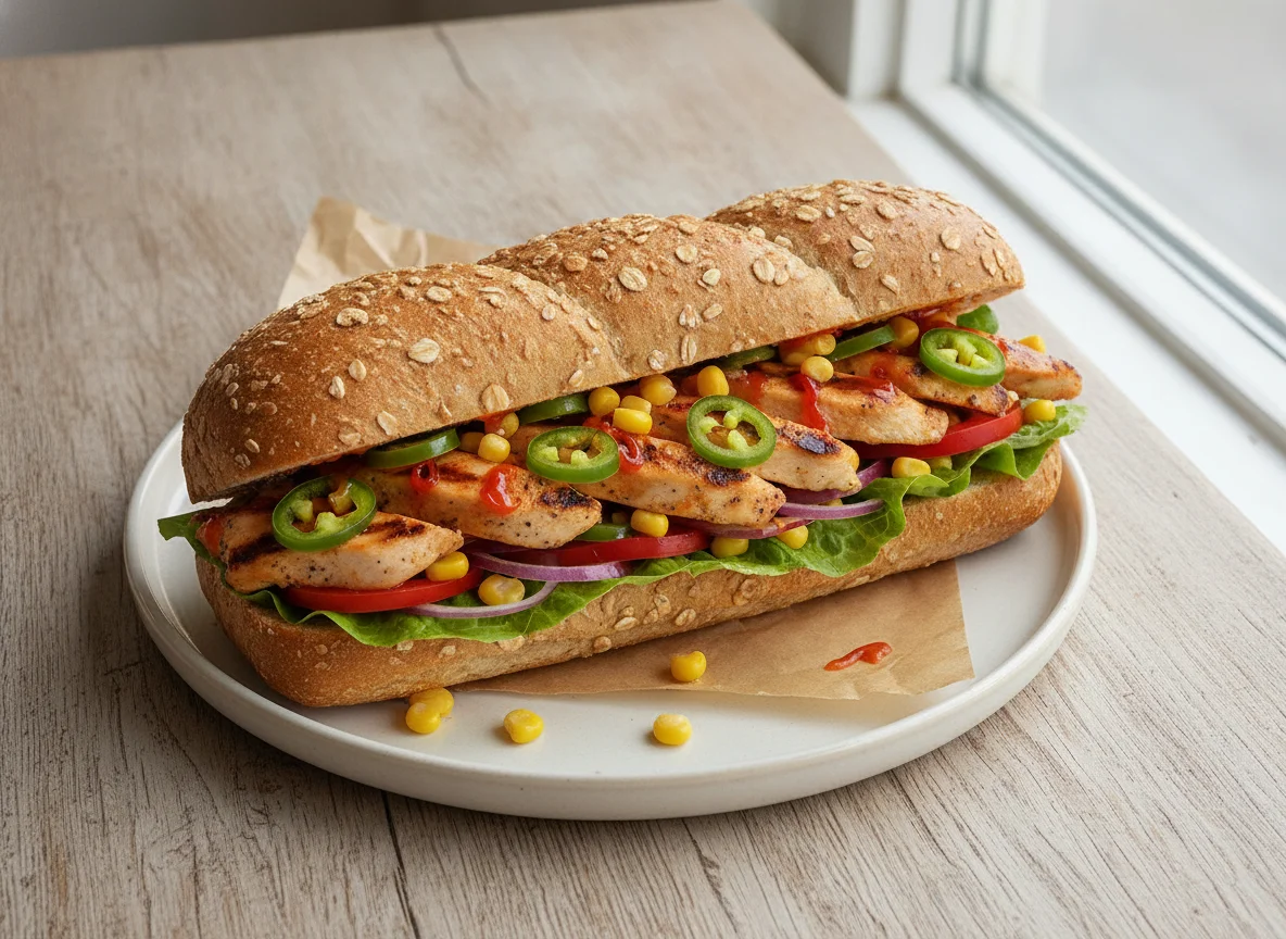 Sweet chilli chicken footlong on honey and oat bread photo