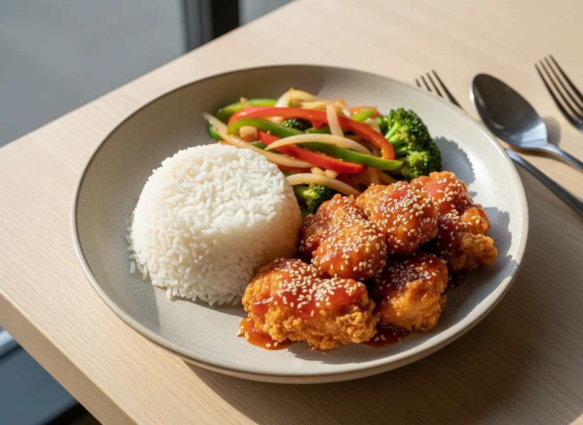 Sweet Chilli Chicken with Rice and Stir-fried Vegetables photo