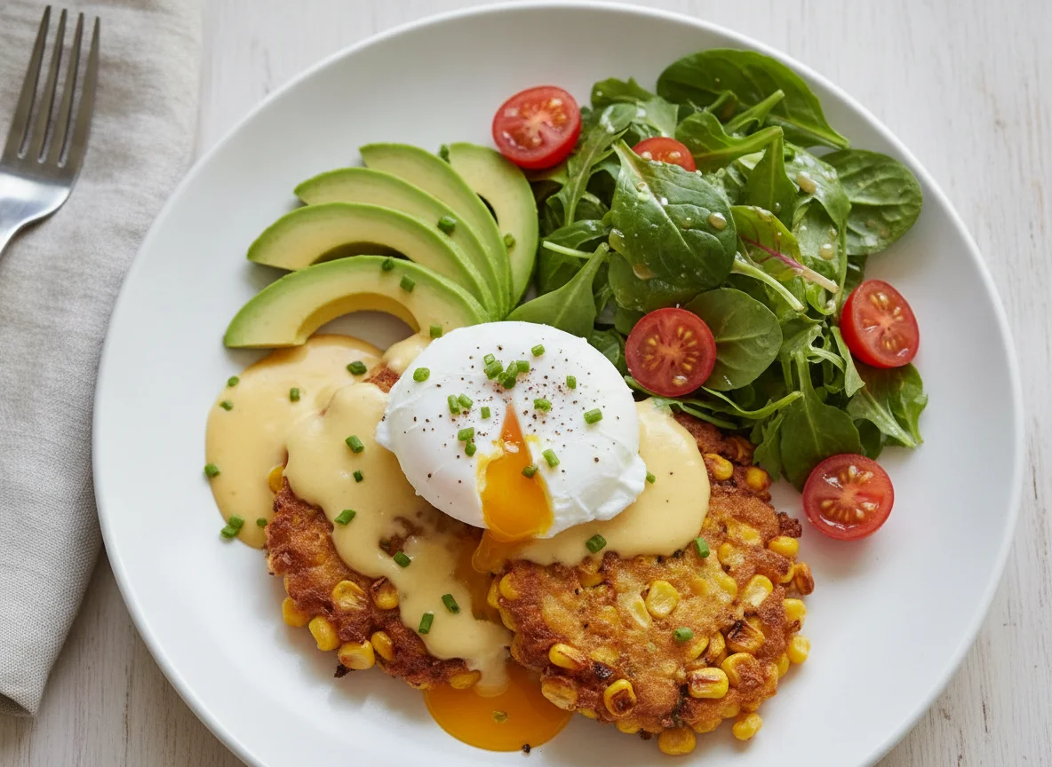 Sweet Corn Fritters with Avocado and Poached Egg photo