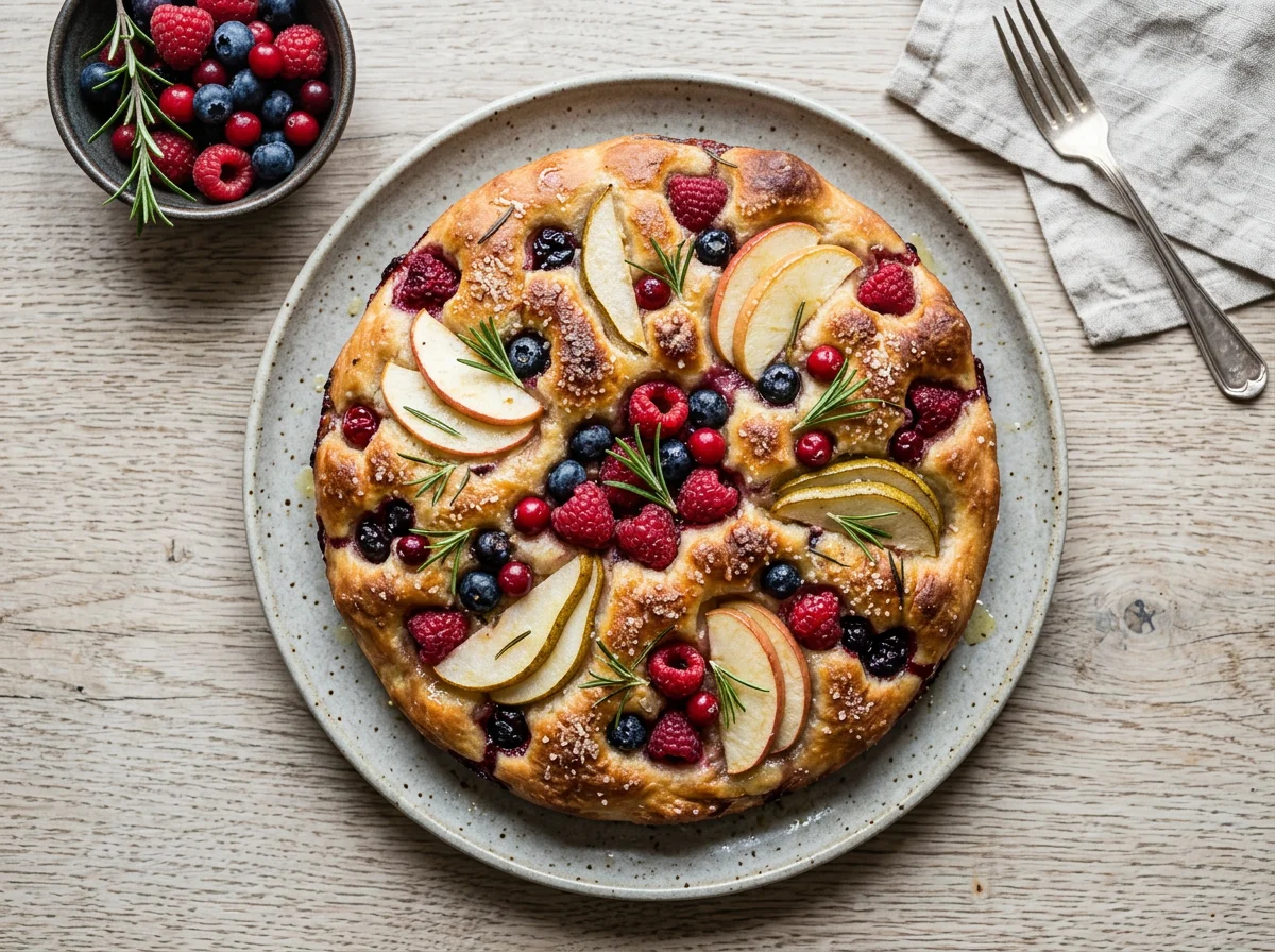 Sweet Focaccia with Berries and Rosemary photo
