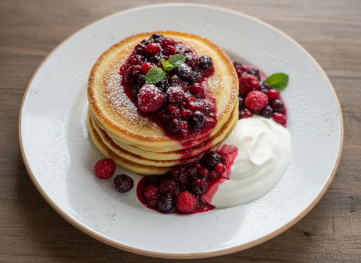 Sweet Pancakes with Berry Sauce and Sour Cream photo