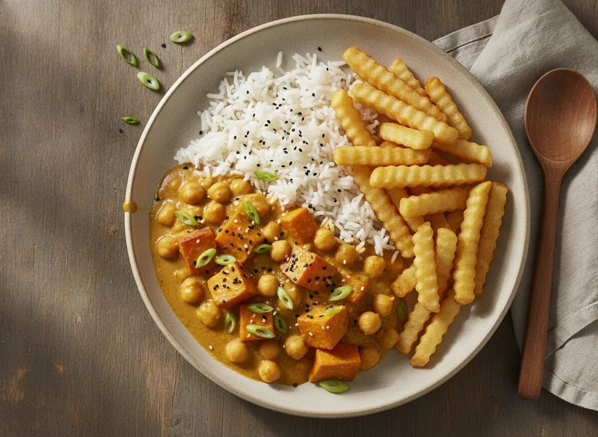 Sweet Potato and Chickpea Curry with Rice and Fries photo