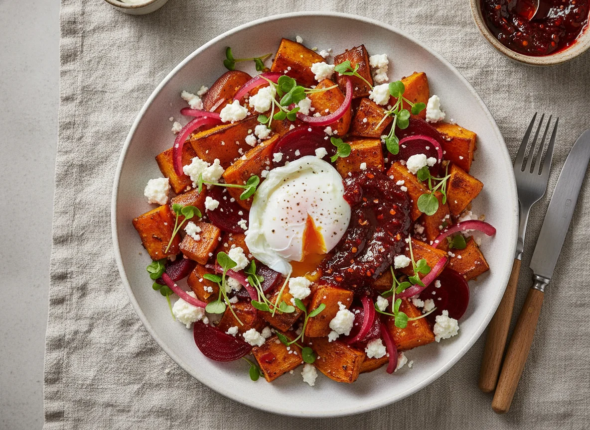 Sweet Potato and Feta Salad with Poached Egg and Chili Jam photo