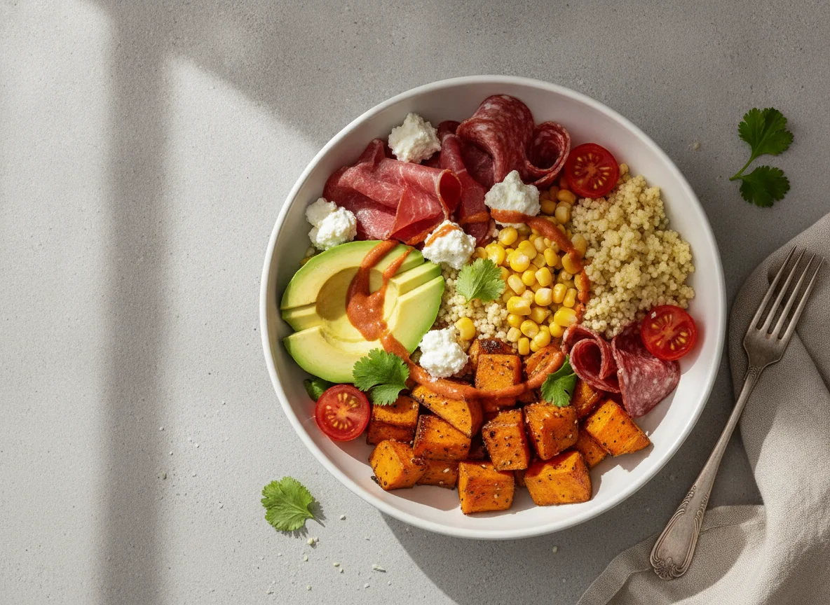 Sweet potato bowl with bindenfleisch and avocado photo