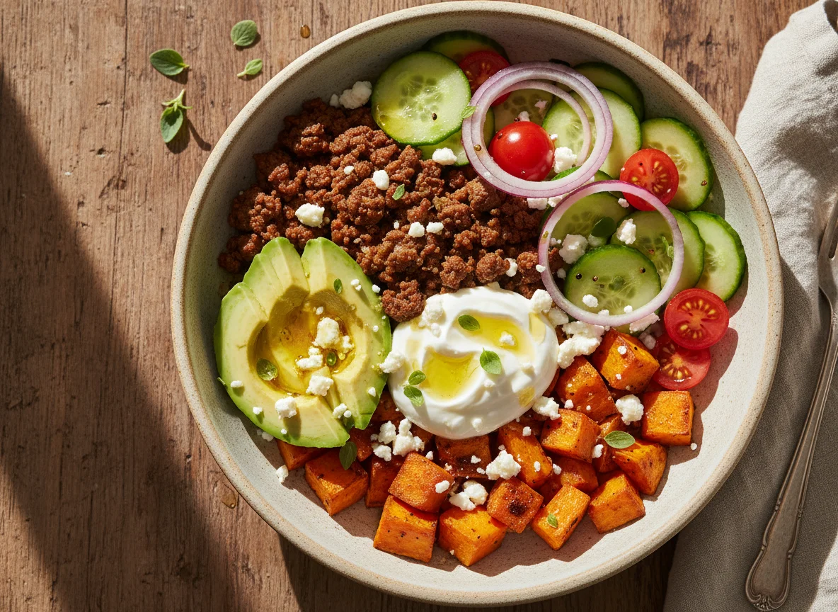 Sweet Potato Bowl with Ground Meat and Salad photo