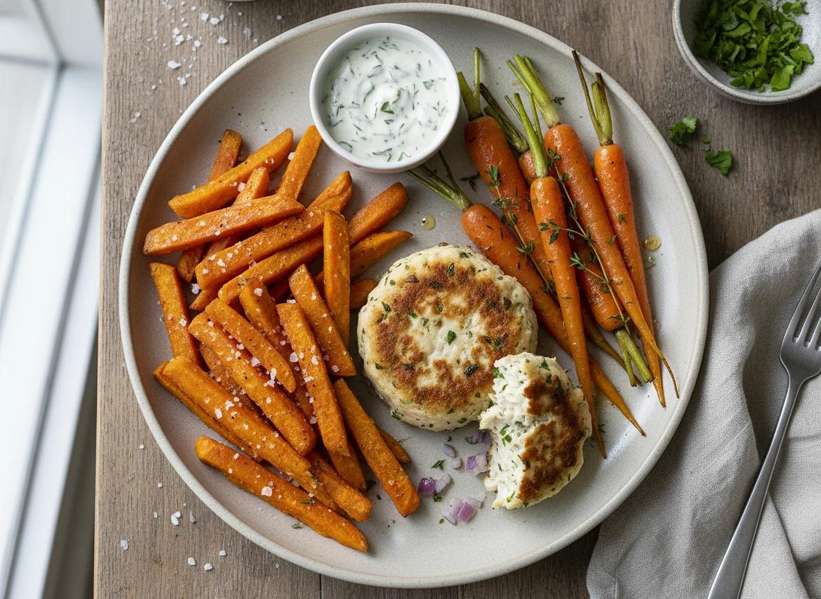 Sweet Potato Fries, Fishcake, and Baby Carrots photo