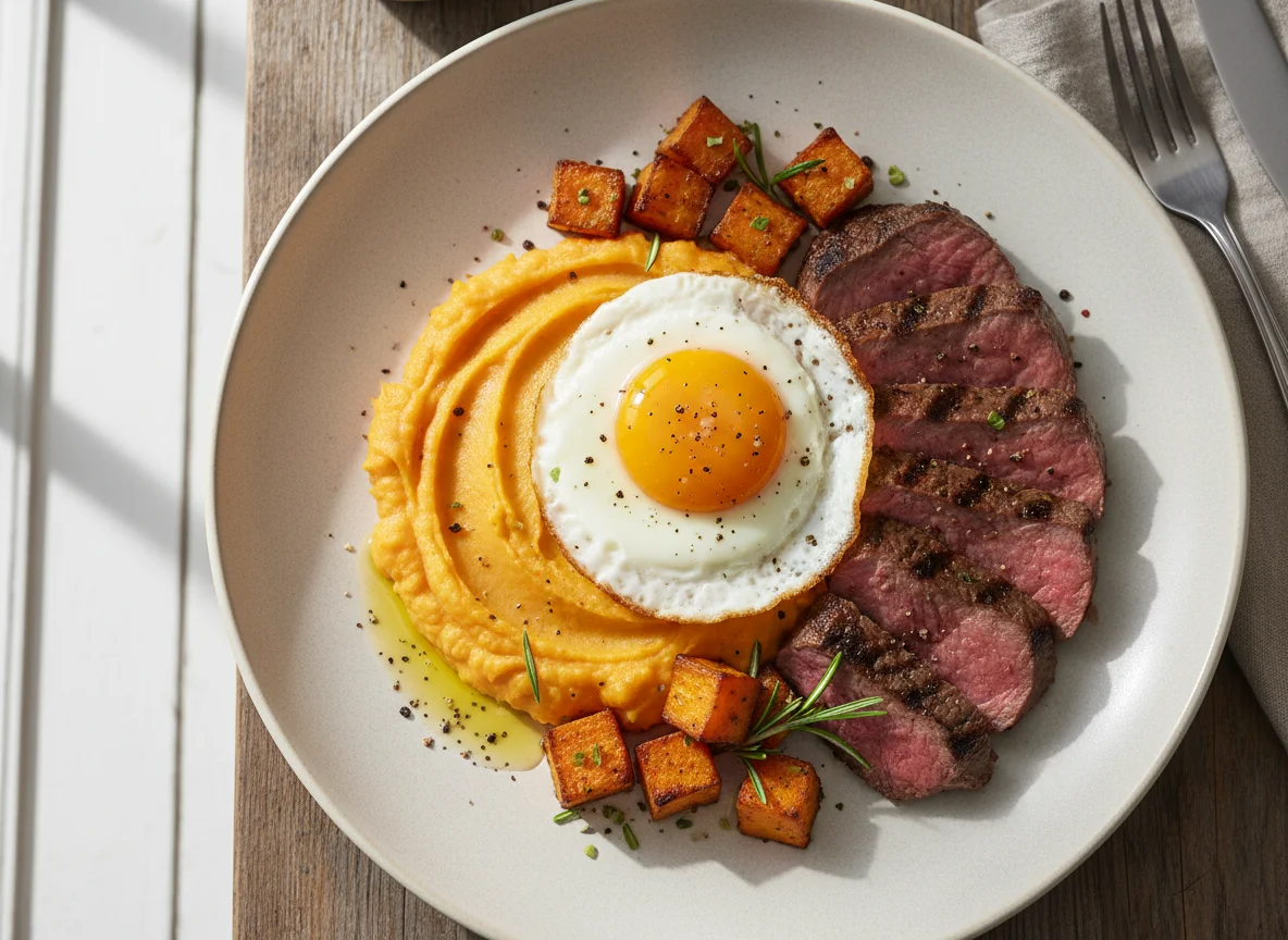 Sweet Potato Mash with Egg and Steak photo